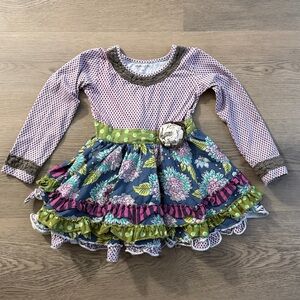 Mustard Pie Pink & Blue Floral Ruffle Dress for Kids
